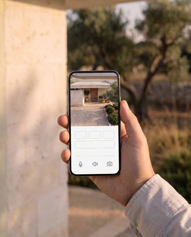 Une main tient un smartphone à côté de la caméra Novyra S1