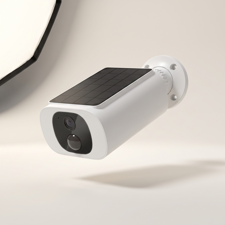 Caméra solaire Novyra S1 de face sur fond neutre : panneau solaire noir sur le dessus, objectif et capteur derrière une vitre noire