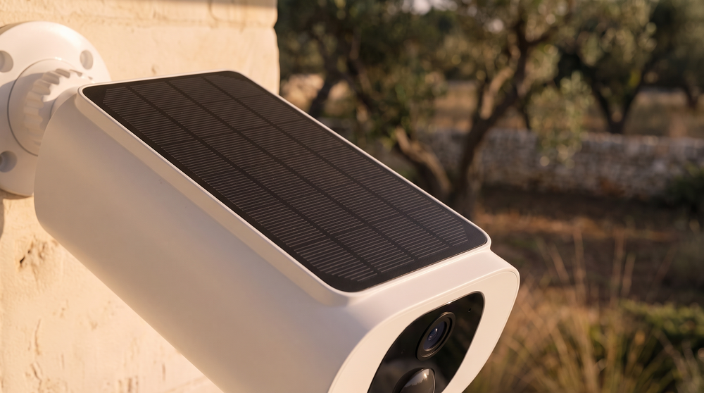 Gros plan sur le panneau solaire de la Novyra S1 : cellules noires rectangulaires sur le dessus du boîtier blanc