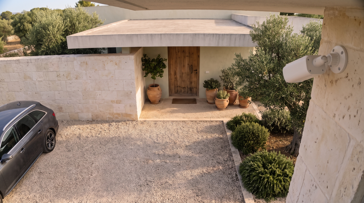 Ce que filme la Novyra S1 de jour : l'entrée d'une maison, couleurs naturelles